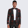 Red and Black Tuxedo Jacket Floral Pattern Slim Fit - Wedding - Prom