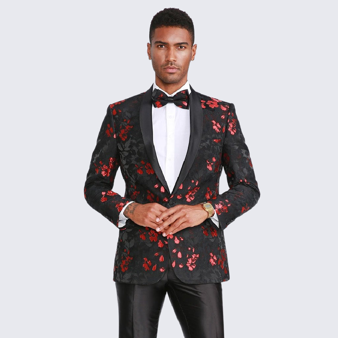Red and Black Tuxedo Jacket Floral Pattern Slim Fit - Blazer - Prom ...