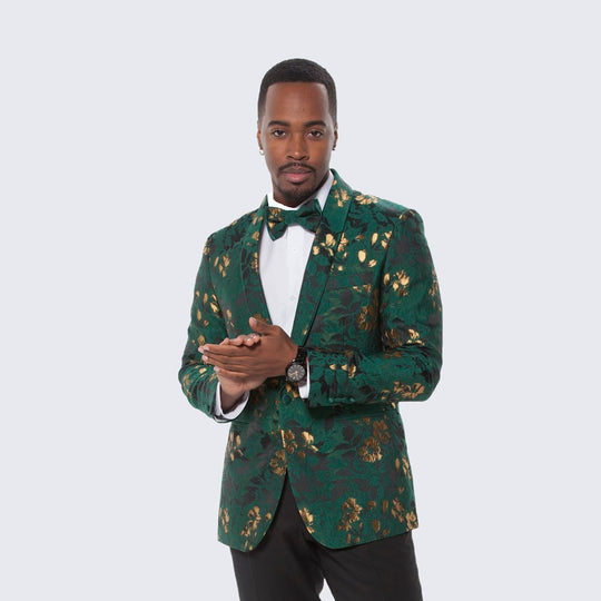 Green and Gold Floral Design Tuxedo Jacket Slim Fit - Wedding - Prom