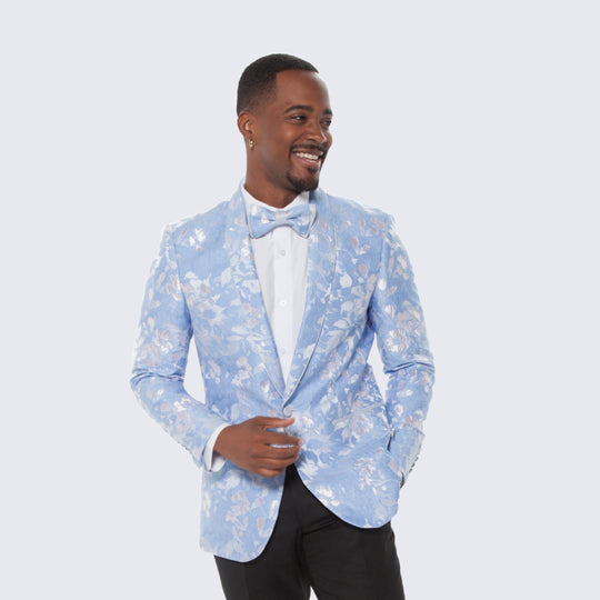 Sky Blue and Silver Floral Design Tuxedo Jacket Slim Fit - Wedding - Prom
