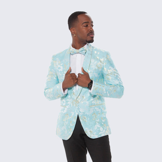 Mint and Yellow Floral Design Tuxedo Jacket Slim Fit - Wedding - Prom