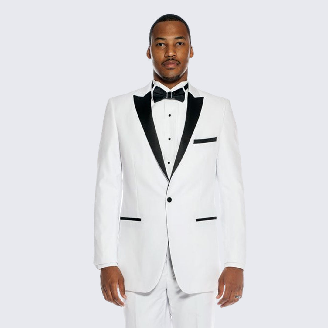 White Tuxedo with Black Peak Lapel Slim Fit - Wedding - Prom | Perfect Tux