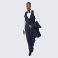 Navy Textured Slim Fit Textured  3 Piece Tuxedo with Satin Trim - Wedding - Prom