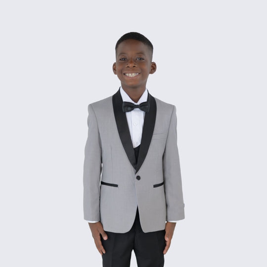 Boys Slim Fit Tuxedo Light Grey 5-Piece Set by Perry Ellis for Kids Teen Children - Wedding