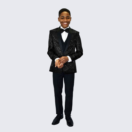 Boys Black Fancy Pattern Tuxedo 5-Piece Set for Kids Teen Children - Wedding