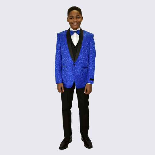 Boys Royal Blue Fancy Pattern Tuxedo 5-Piece Set for Kids Teen Children - Wedding