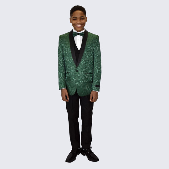 Boys Emerald Green Fancy Pattern Tuxedo 5-Piece Set for Kids Teen Children - Wedding
