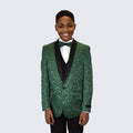 Boys Emerald Green Fancy Pattern Tuxedo 5-Piece Set for Kids Teen Children - Wedding