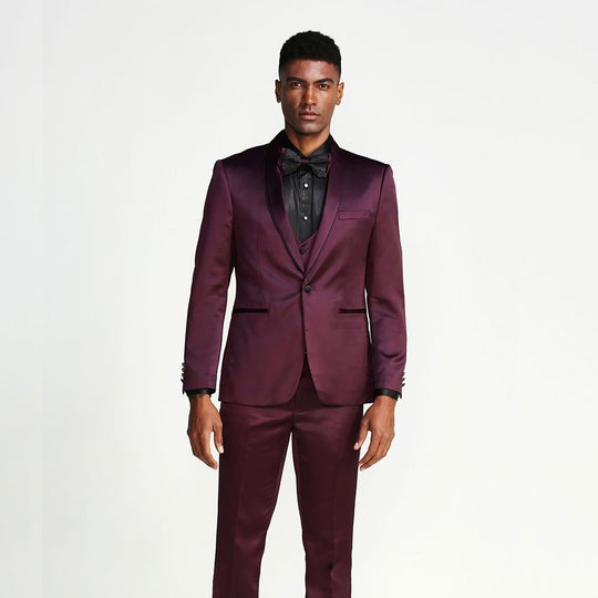 Burgundy Slim Fit Satin Tuxedo – Four Piece Set