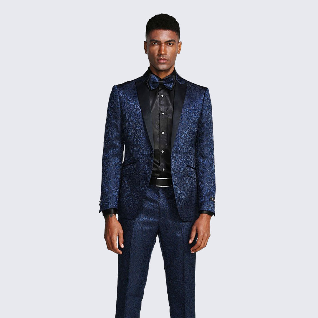 Navy Blue Paisley Slim Fit Tuxedo Three Piece Set - Wedding - Prom ...