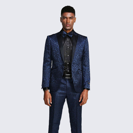 Navy Paisley Slim Fit Tuxedo 3-Piece Set – Wedding & Prom