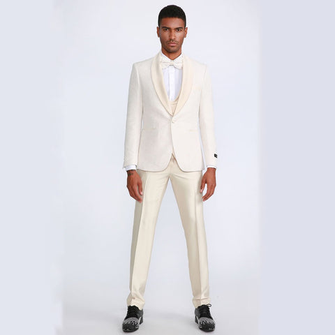 Ivory Shawl Tuxedo with Fancy Pattern Four Piece Set - Wedding - Prom