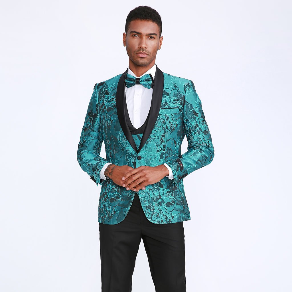 Men's Turquoise Floral Tuxedo with Shawl Lapel – Wedding Prom