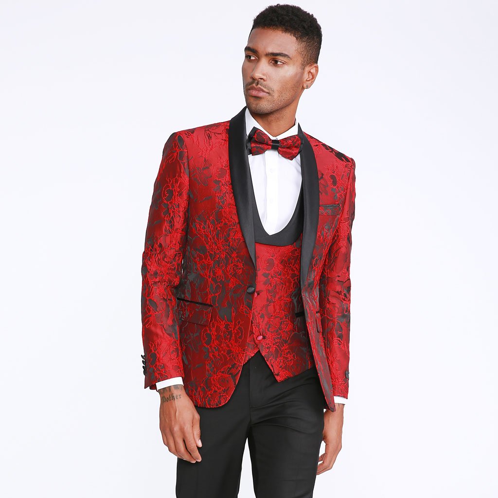 Red Tuxedo with Floral Pattern Four Piece Set - Wedding - Prom ...