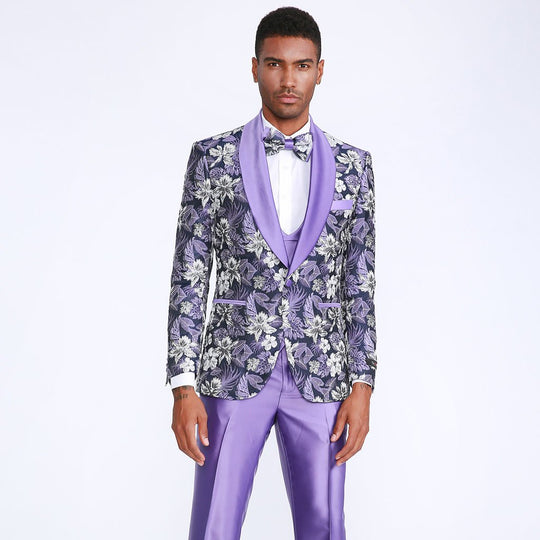 Purple Floral Tuxedo Set with Shawl Lapel – Wedding & Prom