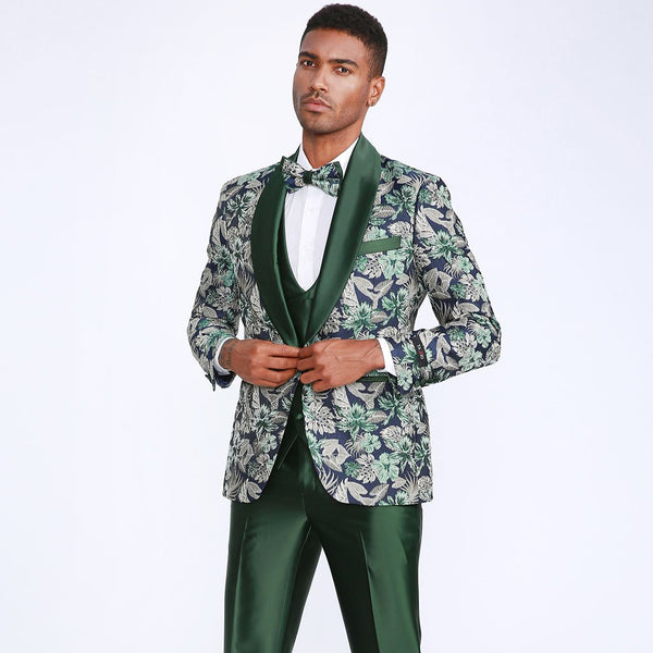 Floral Pattern Men's Studded Shawl Lapel Prom Tuxedo Blazer - Navy Bl