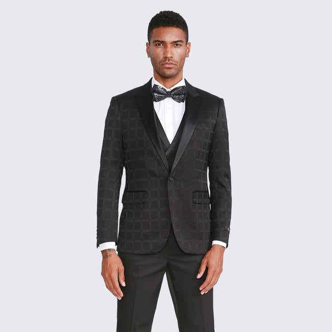 Black Patterned Three-Piece Tuxedo with Peak Lapel – Wedding & Prom