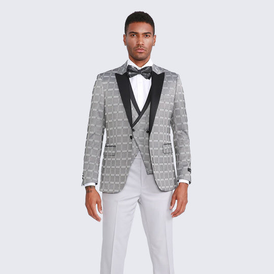 Silver Patterned Tuxedo 4-Piece Set with Peak Lapel – Wedding & Prom