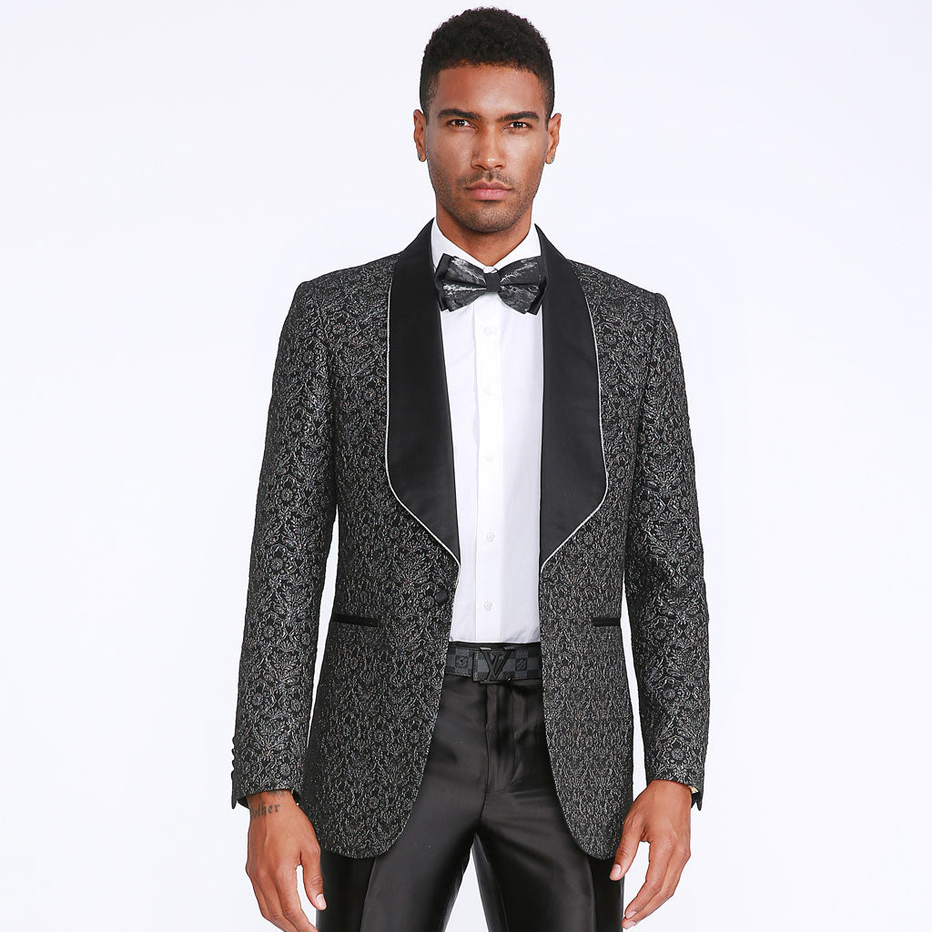 Black Tuxedo Jacket with Fancy Pattern Large Lapel – Perfect Tux
