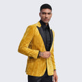 Gold Tuxedo Jacket with Fancy Velvet Feel Pattern Slim Fit - Wedding - Prom