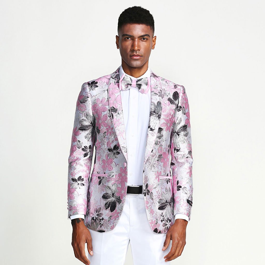Pink Black and Silver Floral Tuxedo Jacket Slim Fit - Wedding - Prom ...