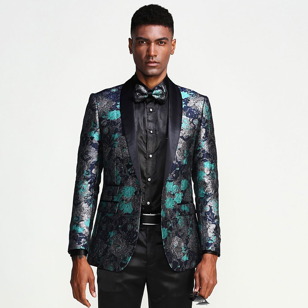 Turquoise Tuxedo Jacket Floral Pattern Slim Fit - Blazer - Prom ...