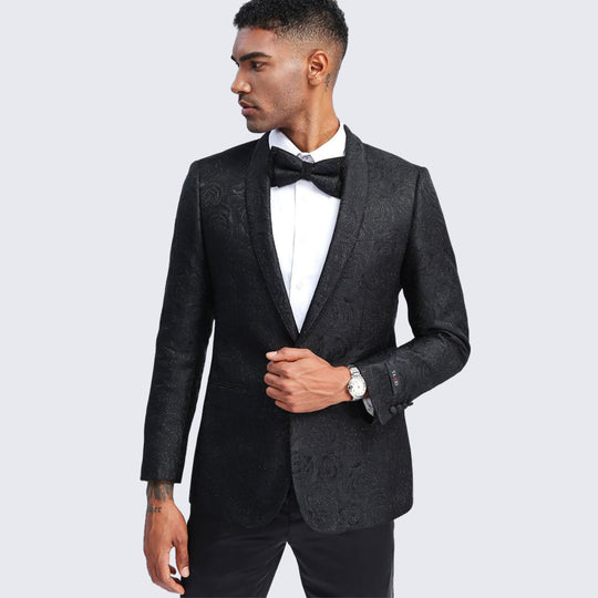 Black Floral Tuxedo Jacket with Shawl Lapel – Wedding & Prom