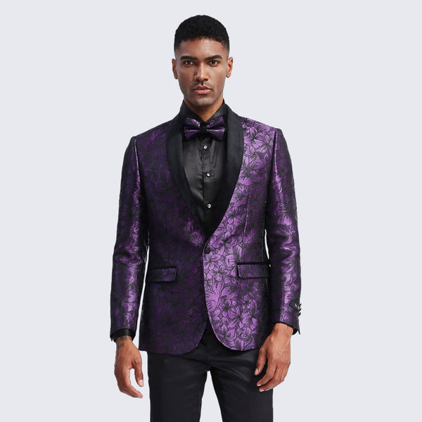 Purple Tuxedo Jacket Floral Pattern Shawl Lapel Wedding Prom Perfect Tux