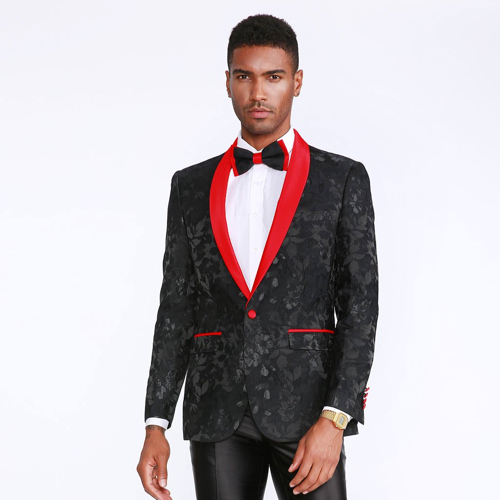 Black and Red Tuxedo Jacket Floral Pattern Slim Fit - Wedding - Prom ...