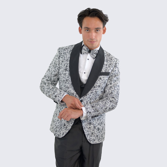 Silver Textured Tuxedo 4-Piece Set with Shawl Lapel – Wedding & Prom